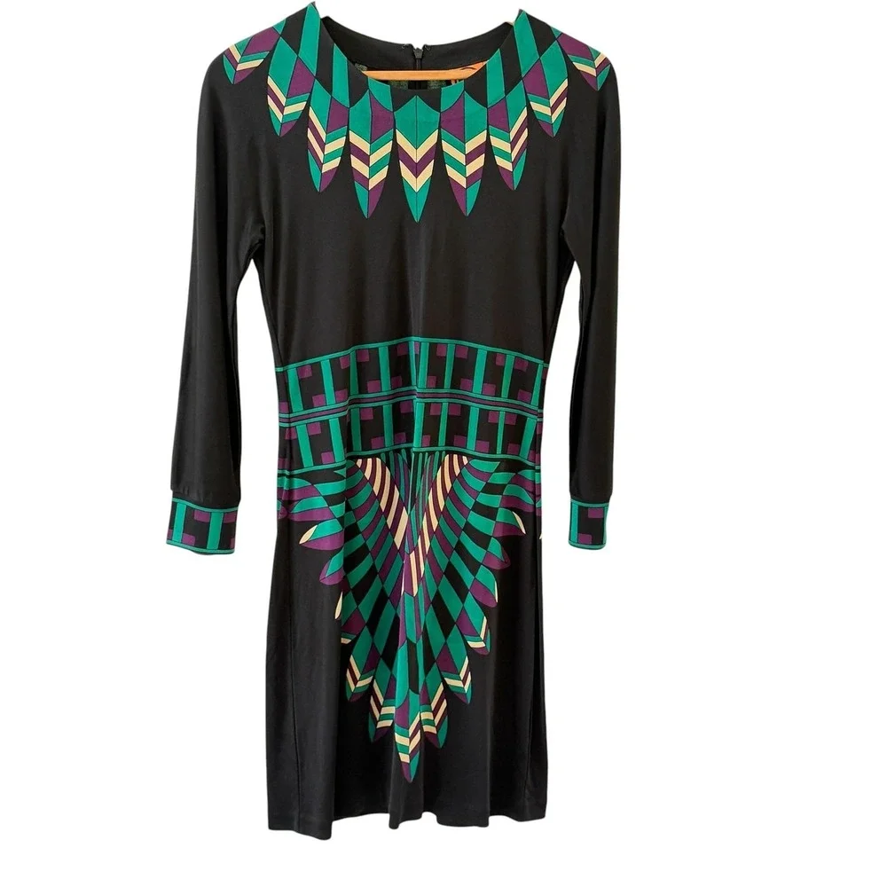 Tory Burch 100% Silk Dress Womens M Black Teal Geometric Aztec Resort Career